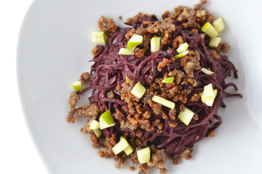 Beet Noodles with Crispy Sausage + Granny Smith Apples | Fridge to Fork