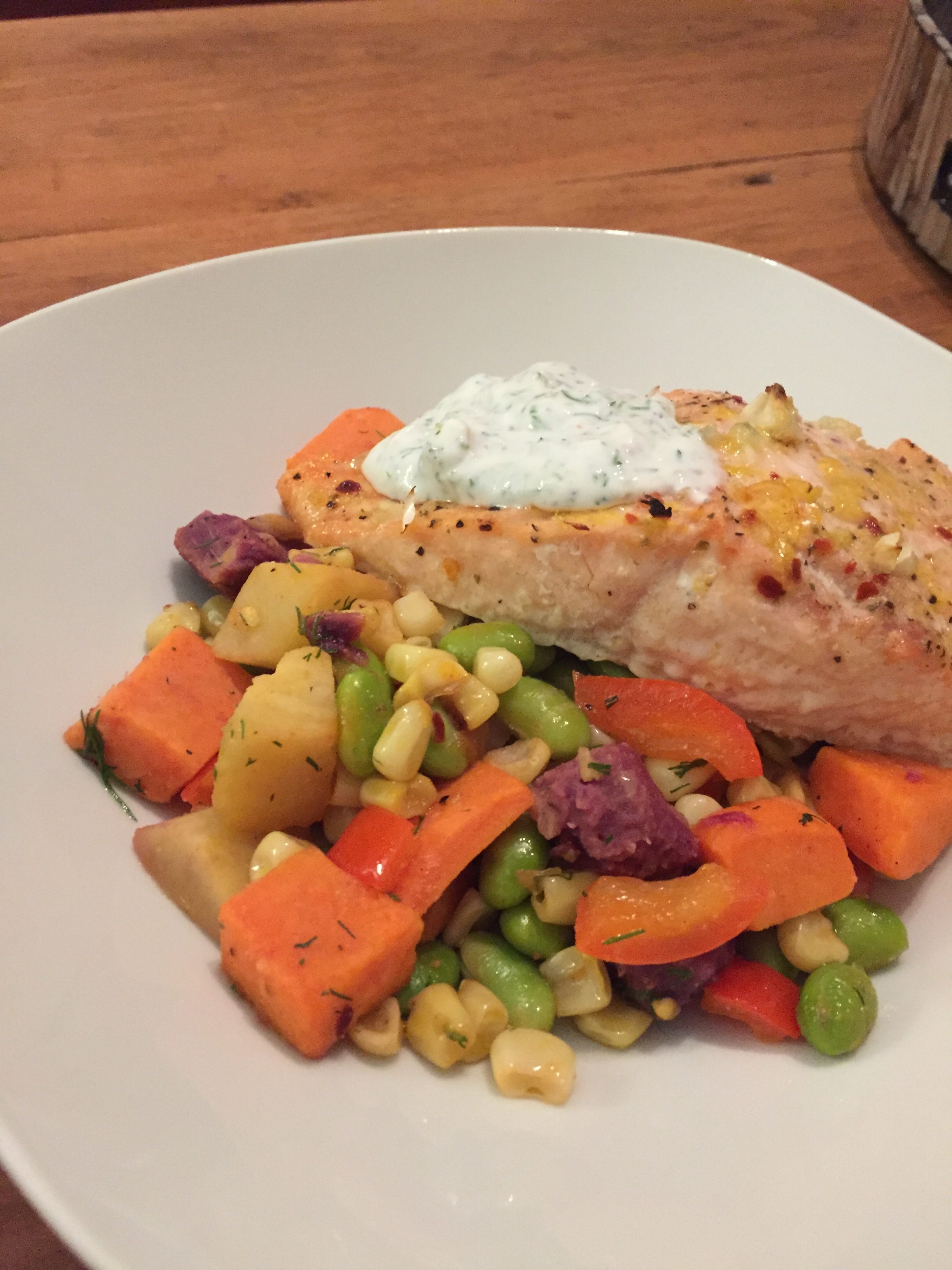 Roasted Salmon with Edamame Succotash and Herb Dill Sauce