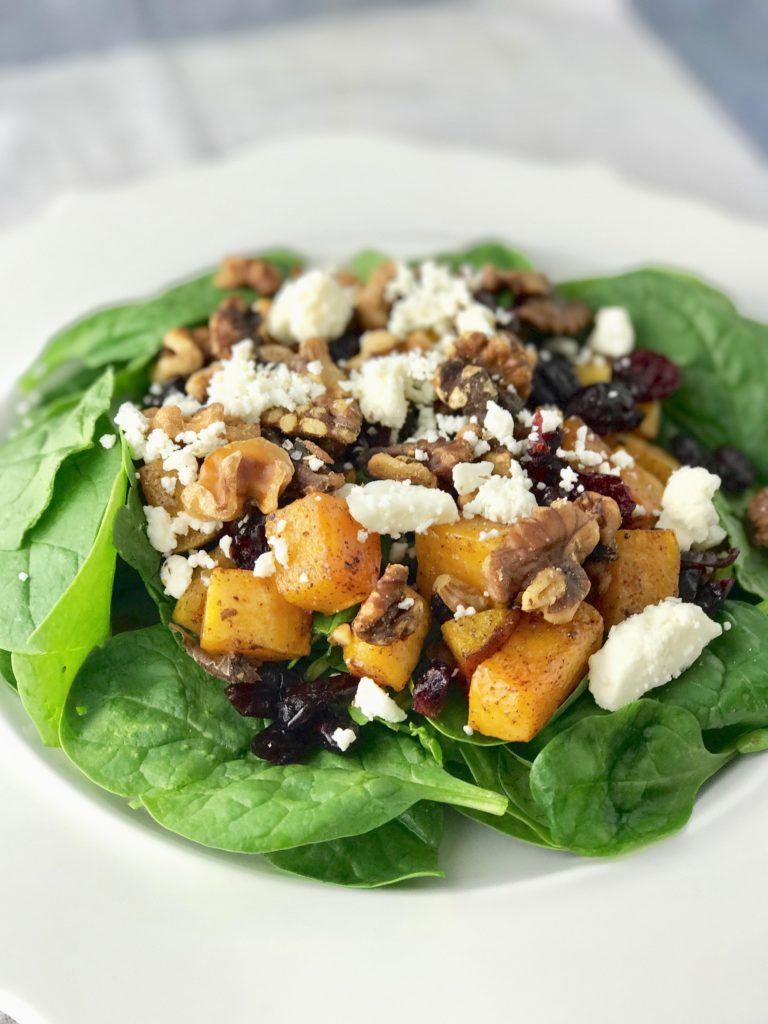 Honey-Roasted Butternut Squash + Cranberry Spinach Salad