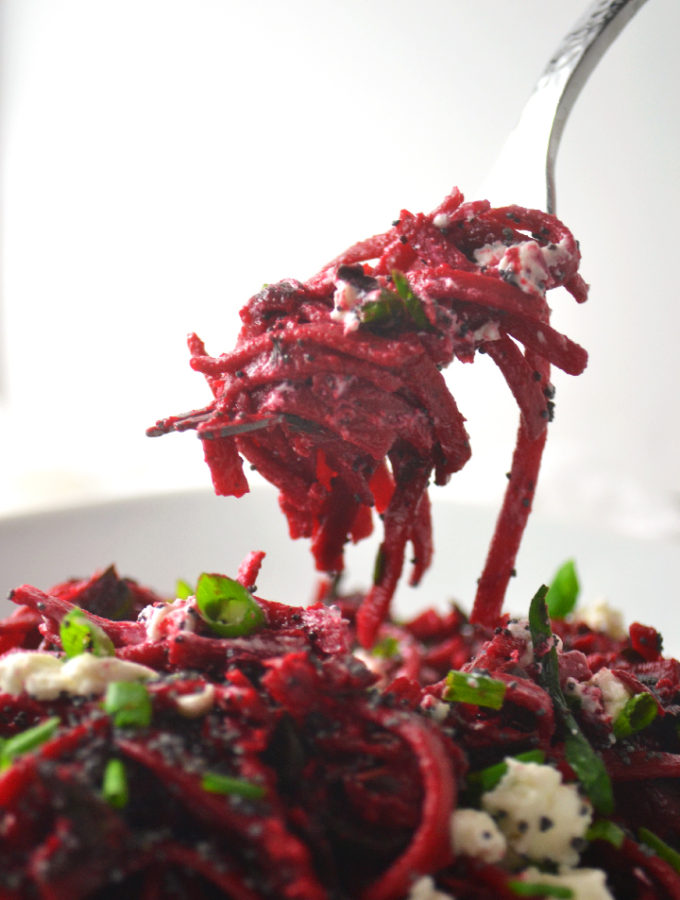 Beet Linguine with Swiss Chard, Goat Cheese, and Poppy Seeds - Fridge to Fork
