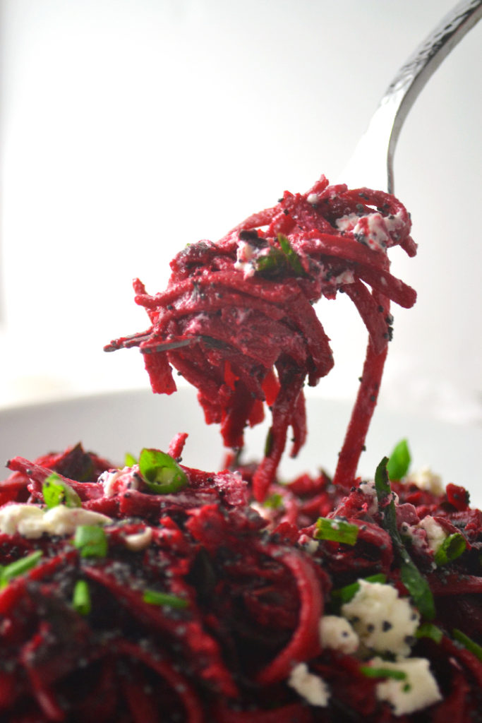 Beet Linguine with Swiss Chard, Goat Cheese, and Poppy Seeds - Fridge to Fork